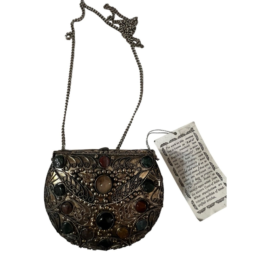 Vintage Sajai Filigree Metal Purse/Bag Mixed Color Agate Gem Stones Metal Chain
